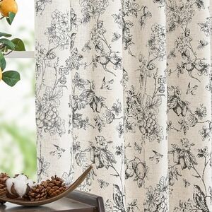 Jin Chan NWT 2 Panels- Fruit & Floral Linen Blend Curtains 50"Wx96"L Cream/Black